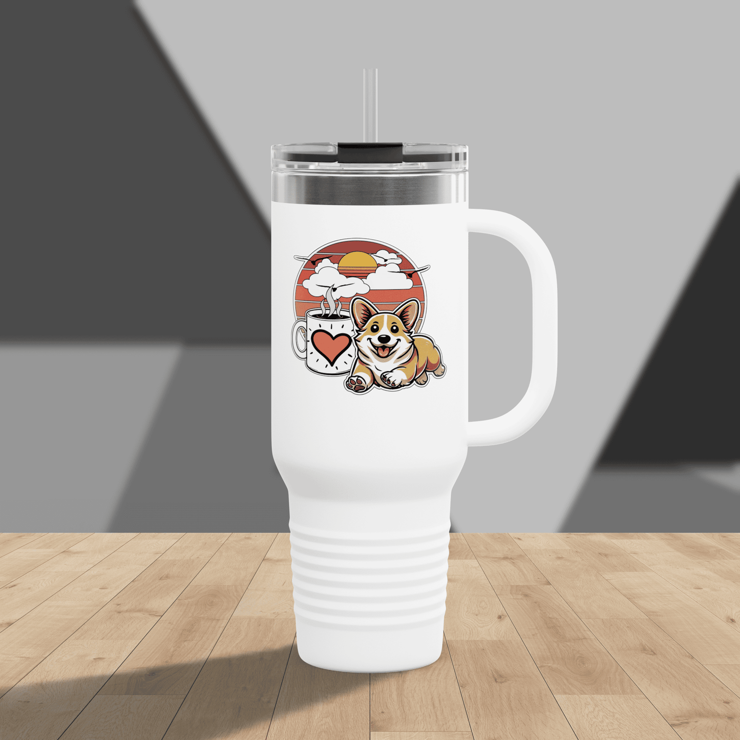 Easily Distracted by Dogs & Coffee - Corgi - 40oz Insulated Travel Mug - Left Hand