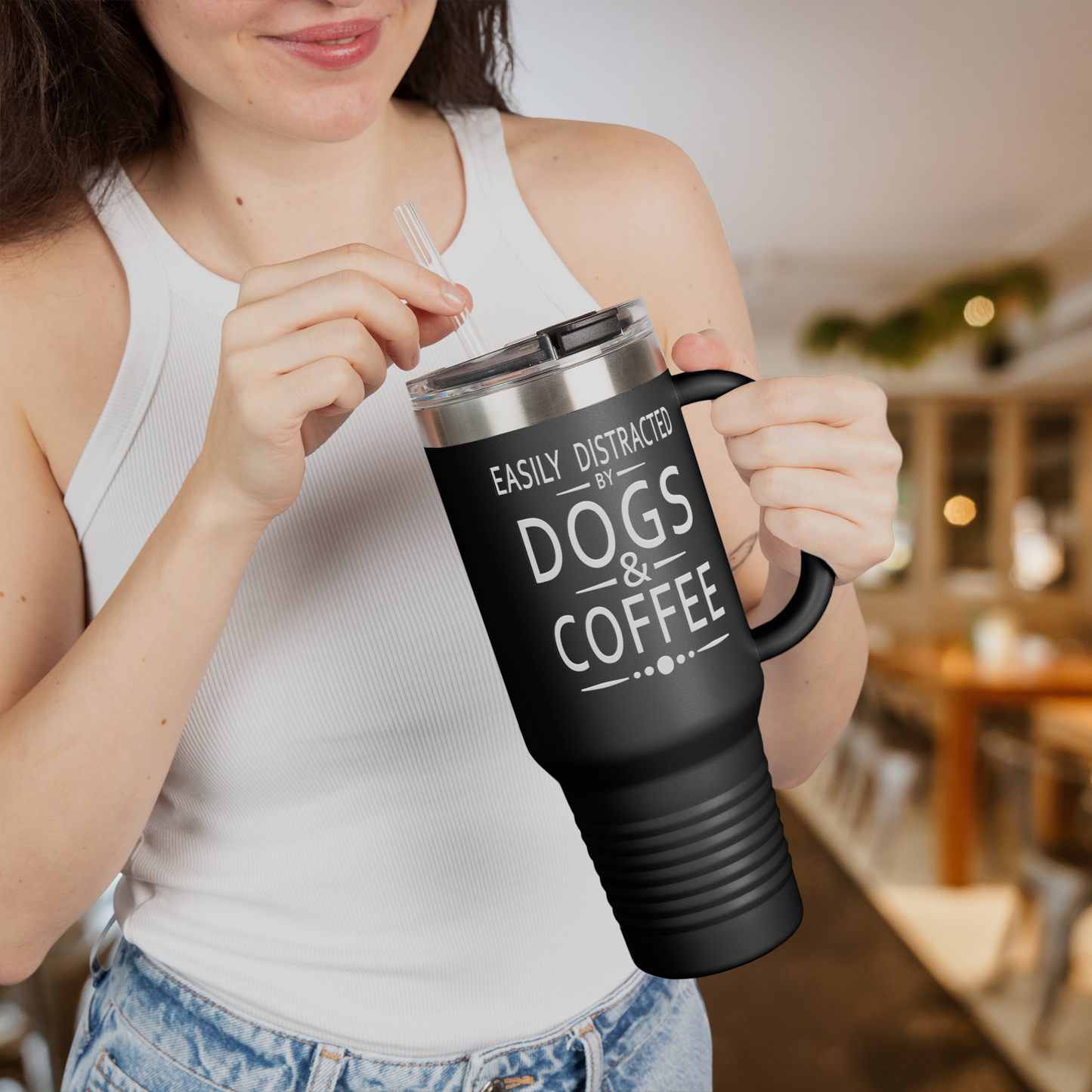 Easily Distracted by Dogs & Coffee - Golden Retriever - 40oz Insulated Travel Mug - Right Hand