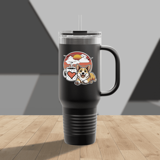 Easily Distracted by Dogs & Coffee - Corgi - 40oz Insulated Travel Mug - Left Hand